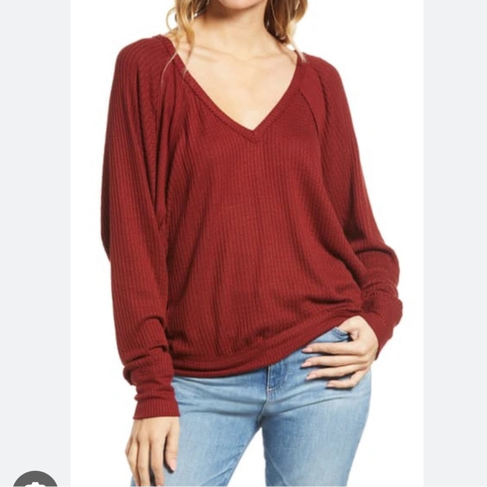 NWT | free people long sleeve, textured red v-neck shirt